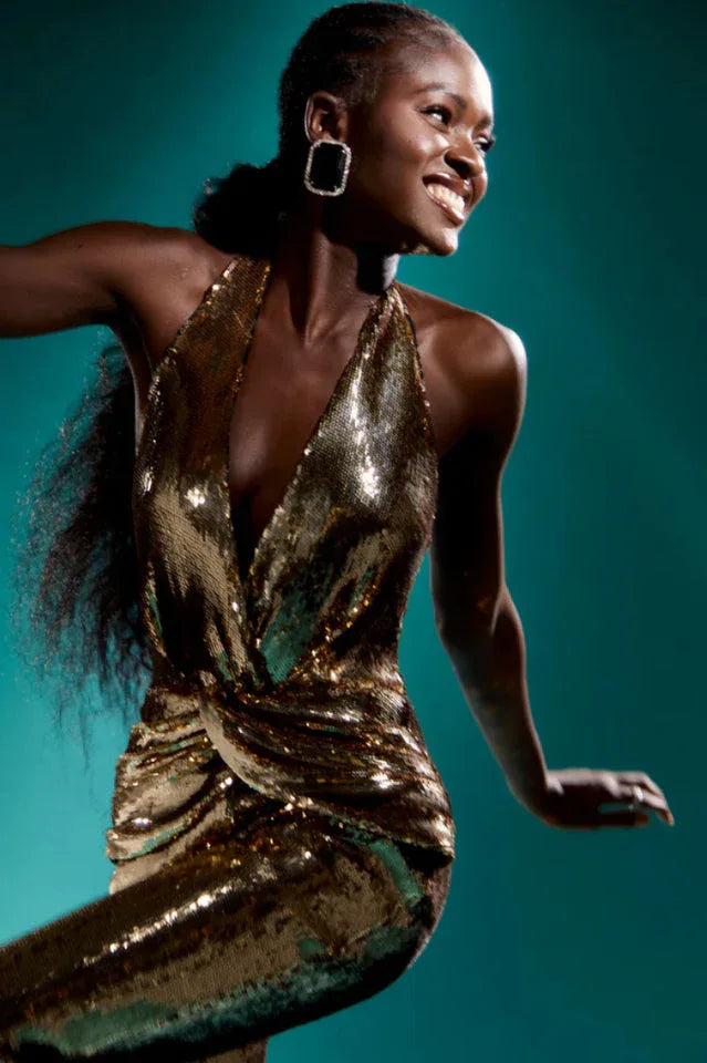Halter Neck Sequin Jumpsuit - View 6 | TEVQA