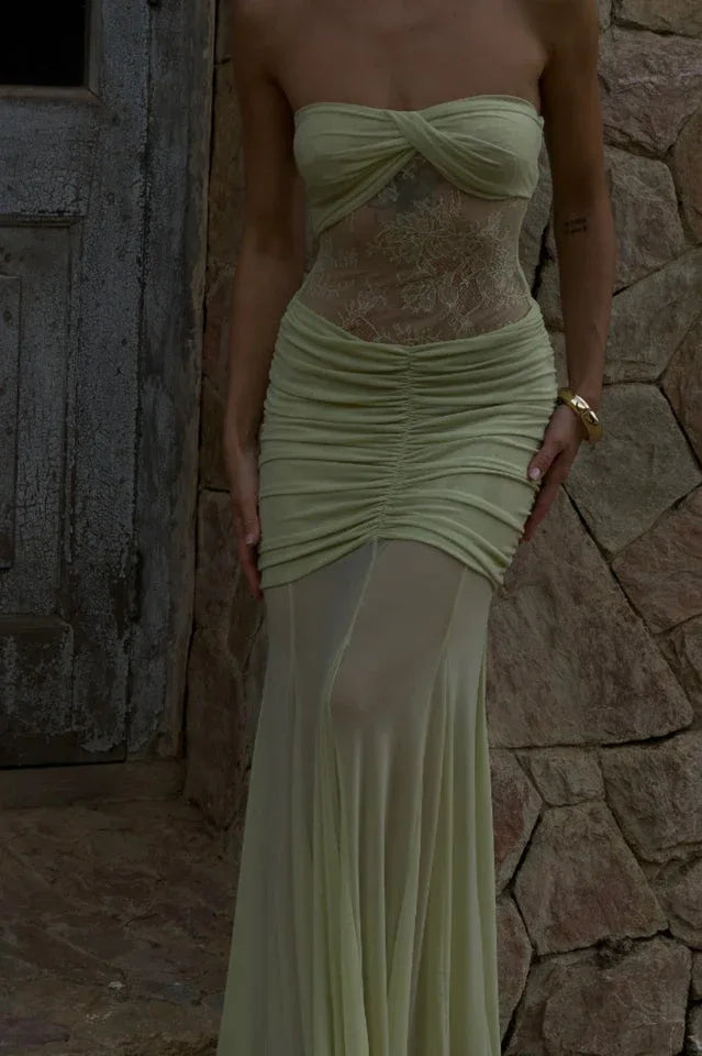 Khadijah Lace and Mesh Maxi Dress in Sage - View 8 | TEVQA