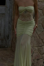 Khadijah Lace and Mesh Maxi Dress in Sage - View 8 | TEVQA