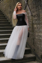 White mesh patchwork ballgown formal dress with off-the-shoulder neckline and long sheer sleeves - View 7 | TEVQA