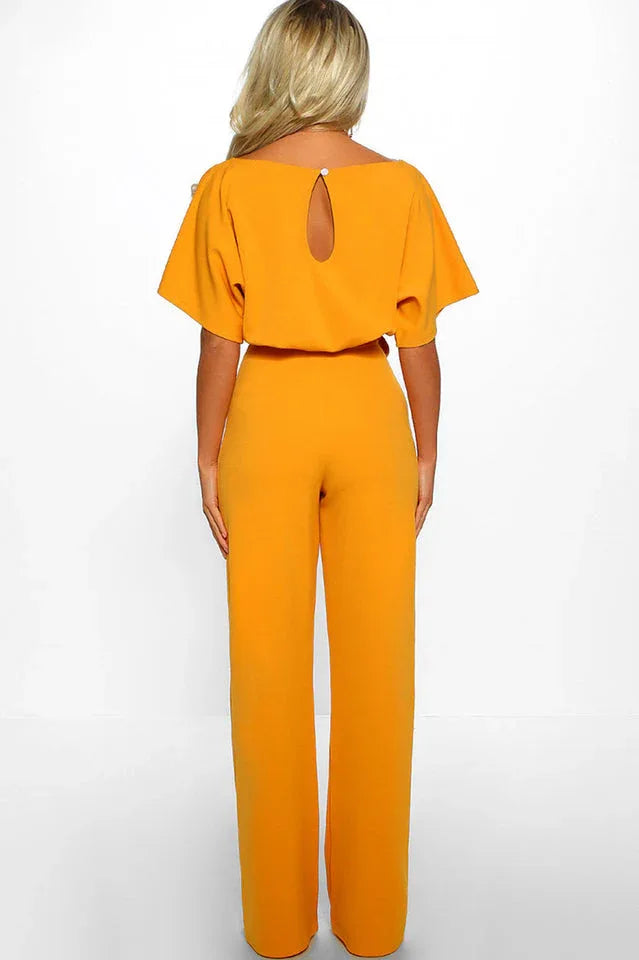 Wide leg jumpsuit with tie waist and boat neckline - View 6 | TEVQA