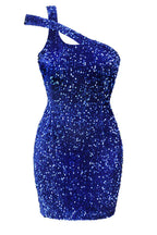 Front view of a blue sequined one-shoulder short dress.