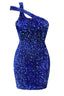 Front view of a blue sequined one-shoulder short dress.