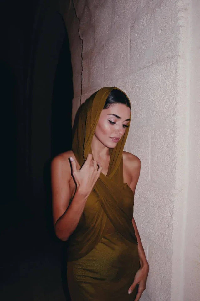 Ruched Maxi Dress with Headscarf - View 6 | TEVQA