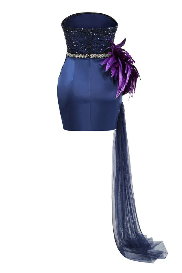 Strapless sequin mini dress with feather and tulle detail - View 7 | TEVQA