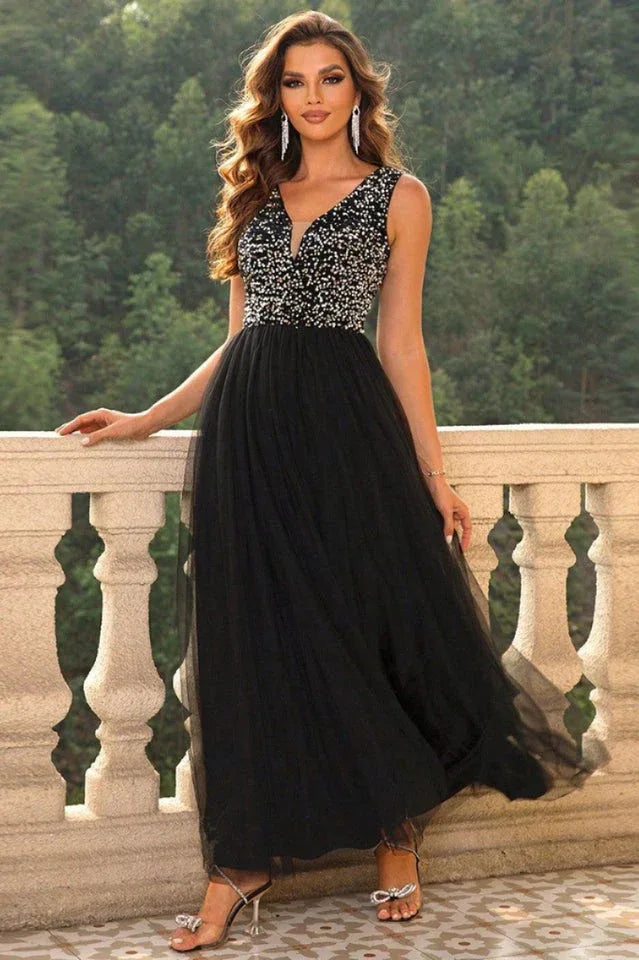 Floor-length sequin party dress with V-neckline - View 8 | TEVQA