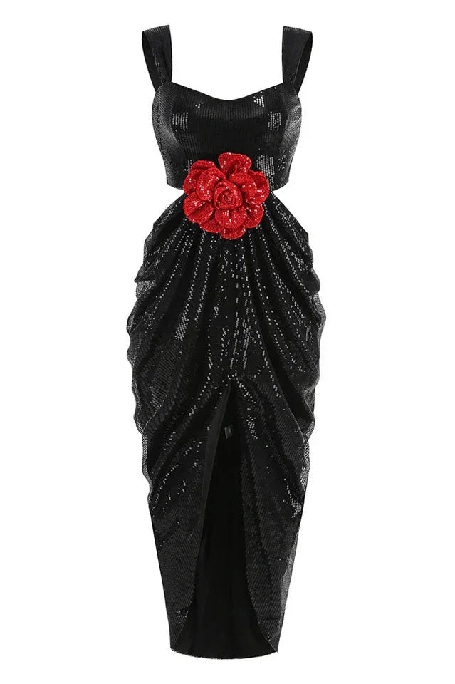 Full view of a black sequined gown with a sweetheart neckline, cut-out waist, and draped skirt.