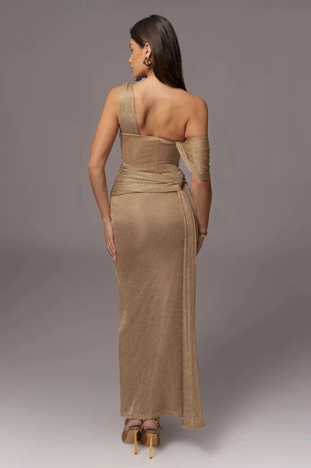Gold Draped Metallic Maxi Dress - TEVQA