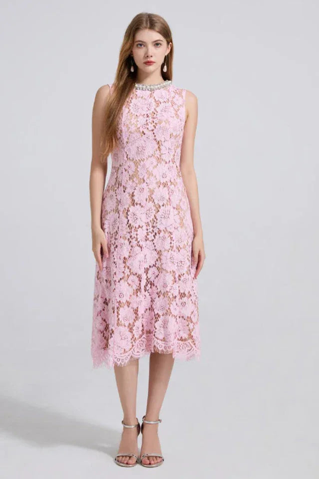 Ariana Floral Lace Sleeveless Midi Dress - TEVQA