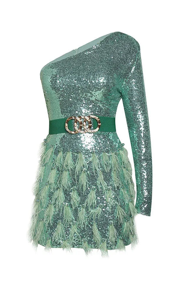 Daria One Shoulder Sequin Feather Dress - View 11 | TEVQA