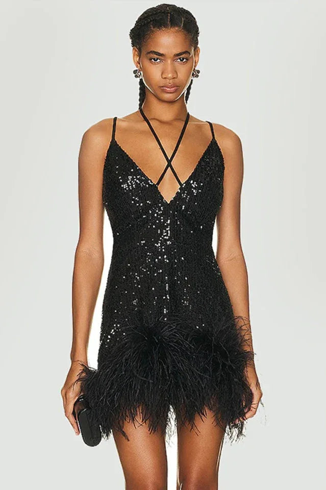 Mini Sequin Dress With Feather Trim - TEVQA