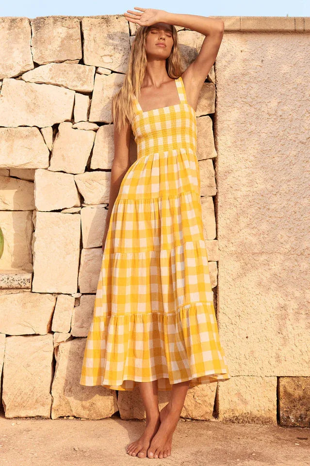 Yellow Gingham Midi Dress with Smocked Bodice - View 12 | TEVQA