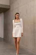 White crepe mini dress with embellished square neckline and long sleeves - View 7 | TEVQA