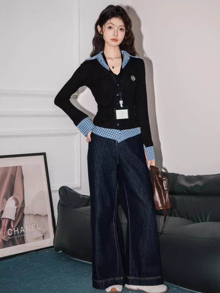 Black plaid collared layered look long sleeve top - View 6 | TEVQA