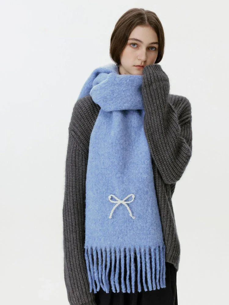 Wool Blend Pearl Bow Scarf - TEVQA