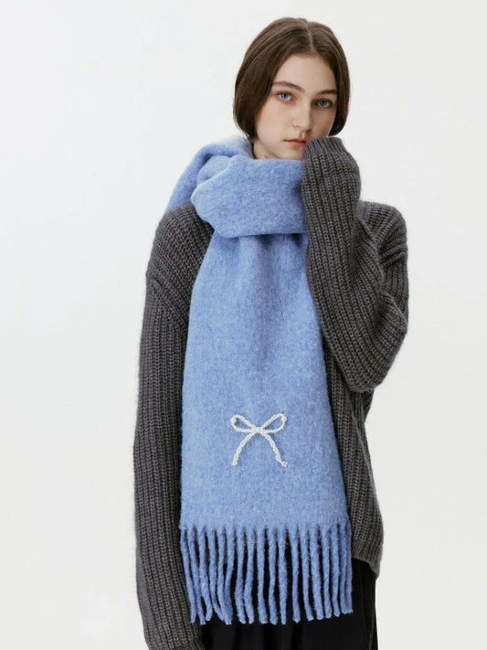 Wool Blend Pearl Bow Scarf - TEVQA