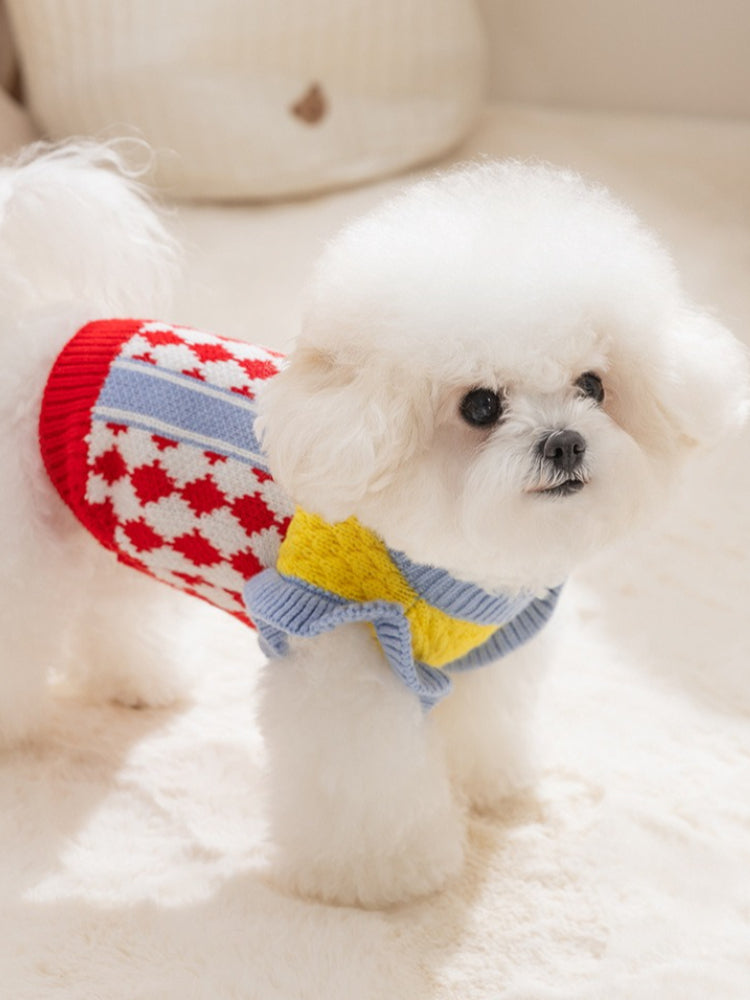 Green and Yellow Argyle Knit Dog Sweater with Ruffled Trim - View 6 | TEVQA