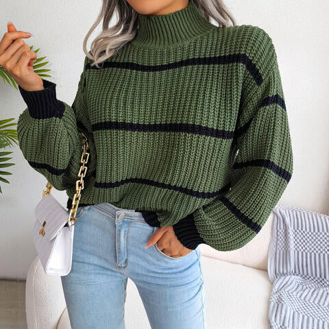 Striped Mock Neck Dropped Shoulder Sweater BLUE ZONE PLANET