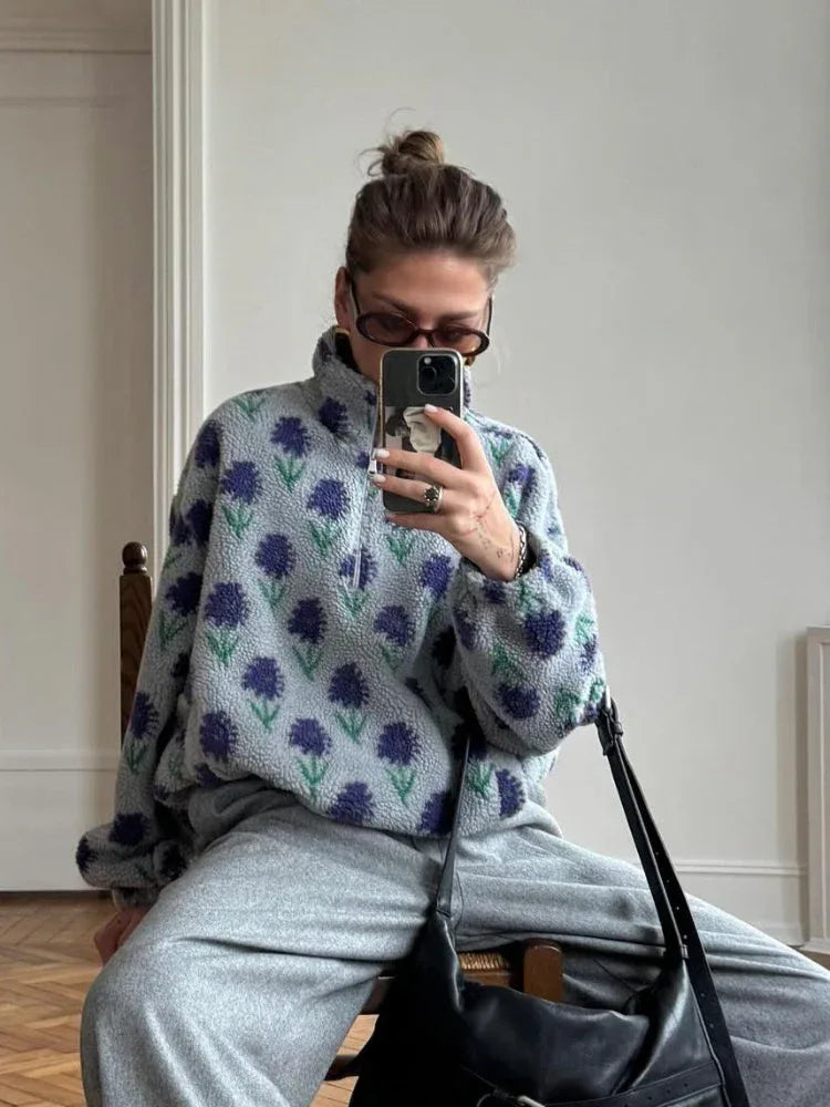 Vintage Floral Sherpa Half-Zip Pullover - TEVQA