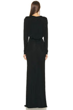 Back view of a long-sleeved black dress with a column silhouette