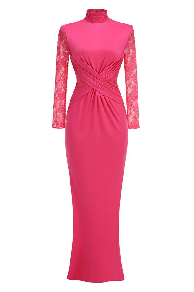 Front view of a hot pink satin gown with lace sleeves and a mermaid hem.