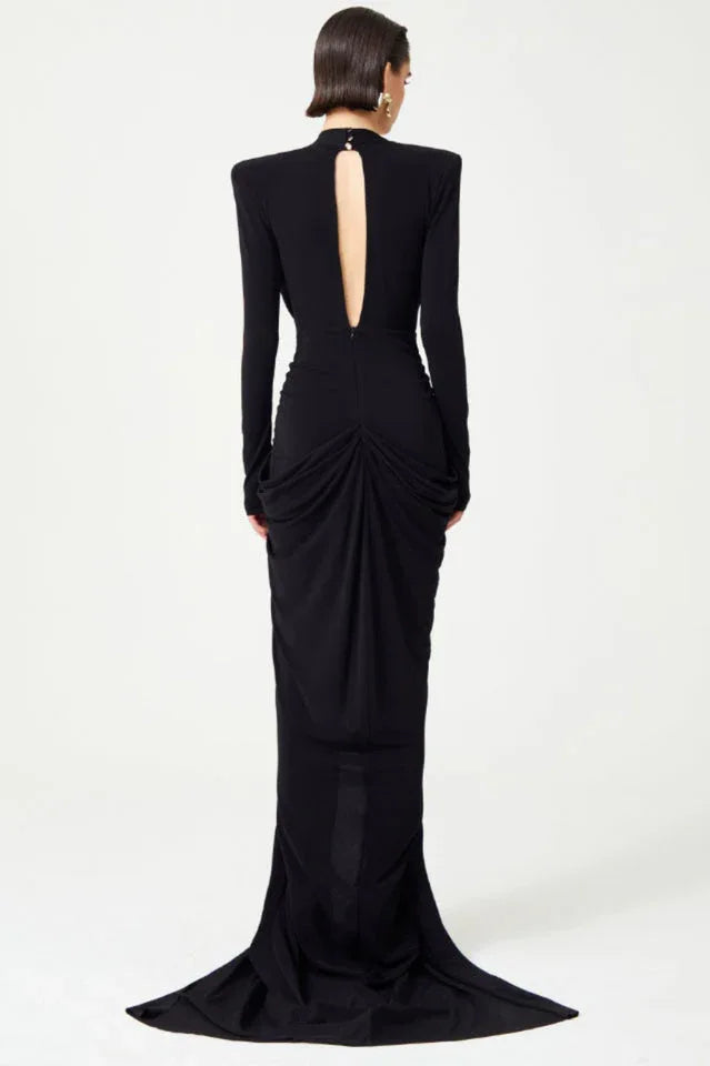 Embellished V-Neck Draped Gown - View 7 | TEVQA