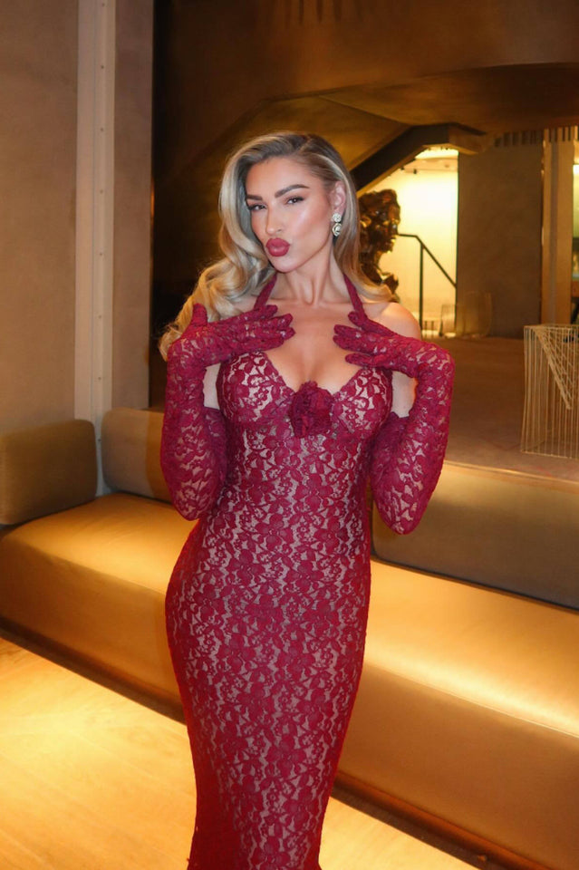 Marjorie Red Rose Lace Halter Maxi Dress | Dress In Beauty