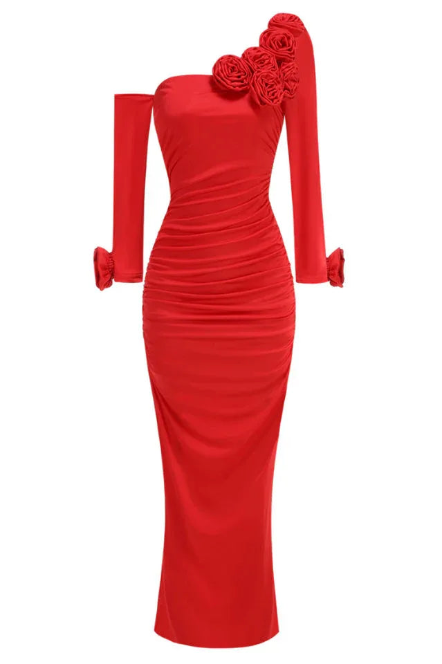 One Shoulder Ruched Rose Flowers Dress - View 6 | TEVQA