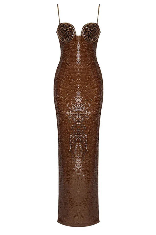 Lorelei Brown Sequin Maxi Dress with Floral Detail - View 24 | TEVQA