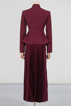 Mandarin Collar Peplum Jacket and Pleated Skirt Set - View 8 | TEVQA