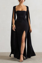 Maroon maxi dress with cape sleeves and sweetheart neckline - View 6 | TEVQA