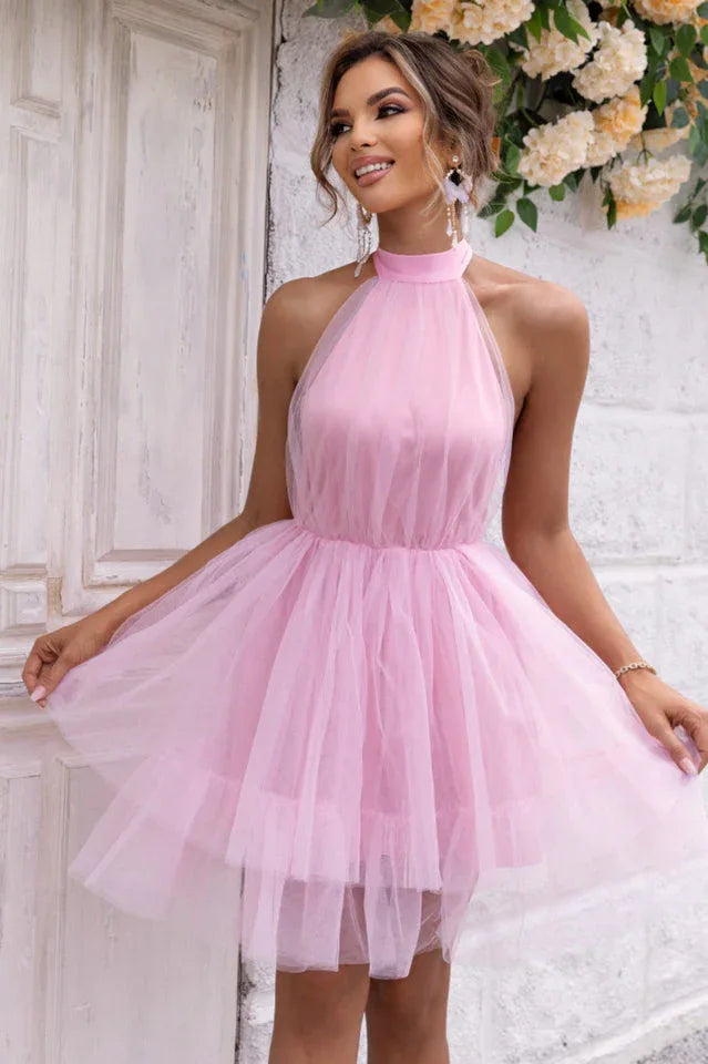 Halter Neck Tiered Tulle Party Dress - View 10 | TEVQA
