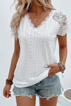 White Floral Lace & Eyelet Embroidery V-Neck Blouse - TEVQA
