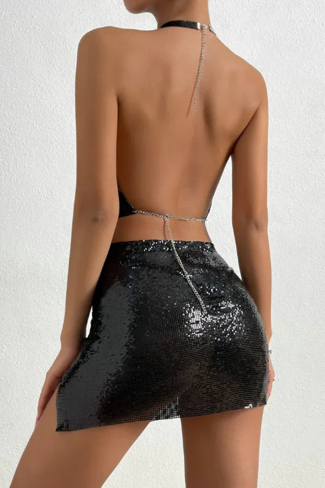 Metallic Halter Neck Crop Top & Skirt Set Secondary image