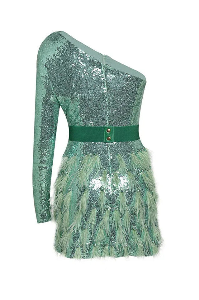 Daria One Shoulder Sequin Feather Dress - View 12 | TEVQA