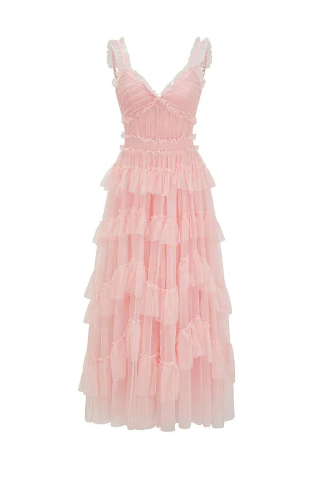 Tiered Tulle V-Neck Evening Dress in Mistyrose - View 17 | TEVQA