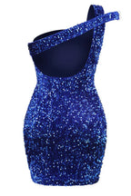Back view of a blue sequined one-shoulder short dress, showing the open back detail.