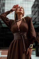 Rosey Tan Maxi Dress With Waist Belt | Dress In Beauty