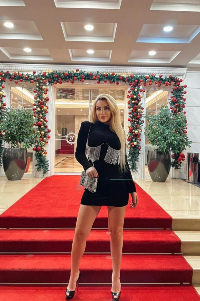 Black Crystal Fringe Velvet Mini Dress | Dress In Beauty