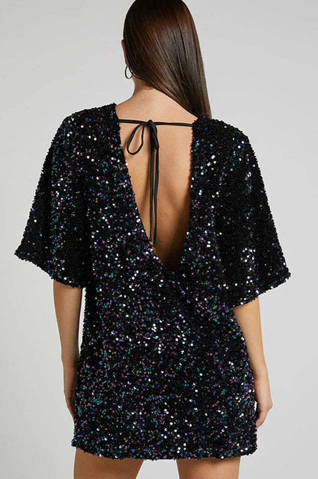 Velour Sequins Mini Dress - TEVQA