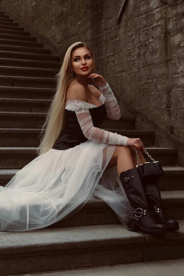 White mesh patchwork ballgown formal dress with off-the-shoulder neckline and long sheer sleeves - View 8 | TEVQA