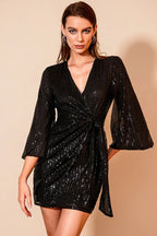 Sequin wrap dress with knot detail - View 16 | TEVQA
