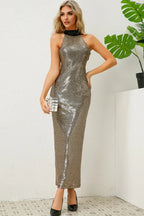 Textured Foil Halter Neck Maxi Dress - TEVQA