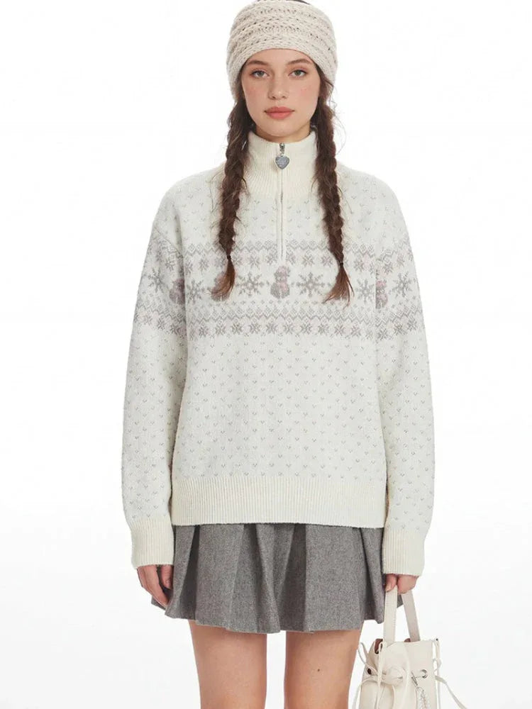 Close-up of the model's face and the upper part of the sweater, highlighting the snowman graphic and Fair Isle pattern.