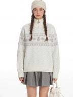 Close-up of the model's face and the upper part of the sweater, highlighting the snowman graphic and Fair Isle pattern.