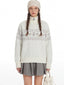 Close-up of the model's face and the upper part of the sweater, highlighting the snowman graphic and Fair Isle pattern.
