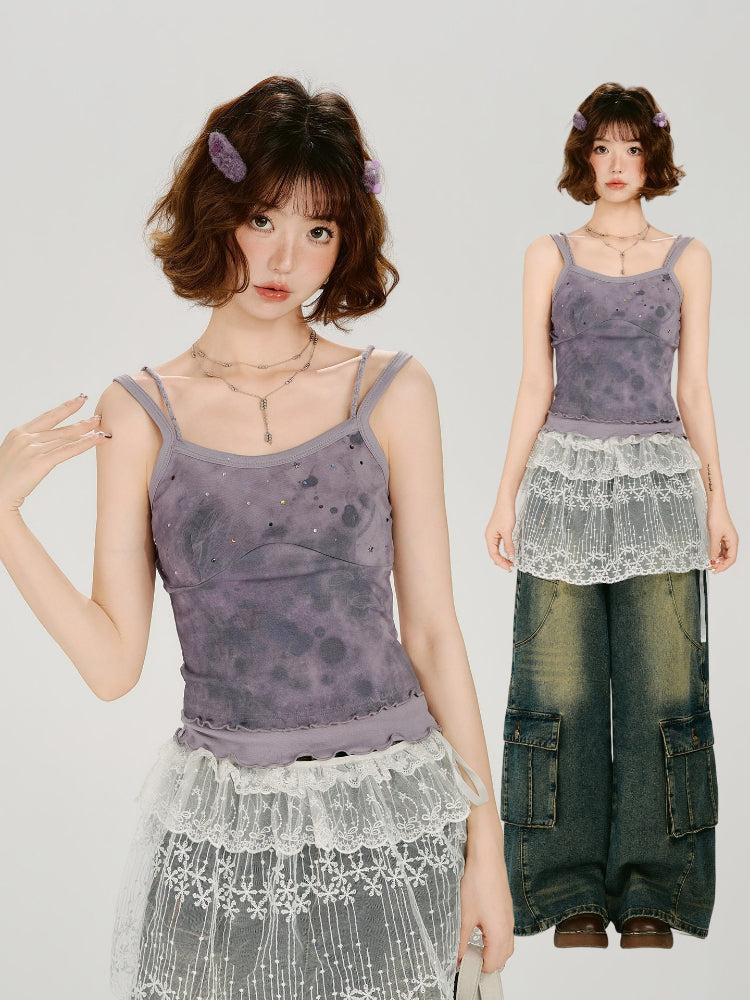 Tie-Dye Rhinestone Lettuce Hem Camisole - Purple