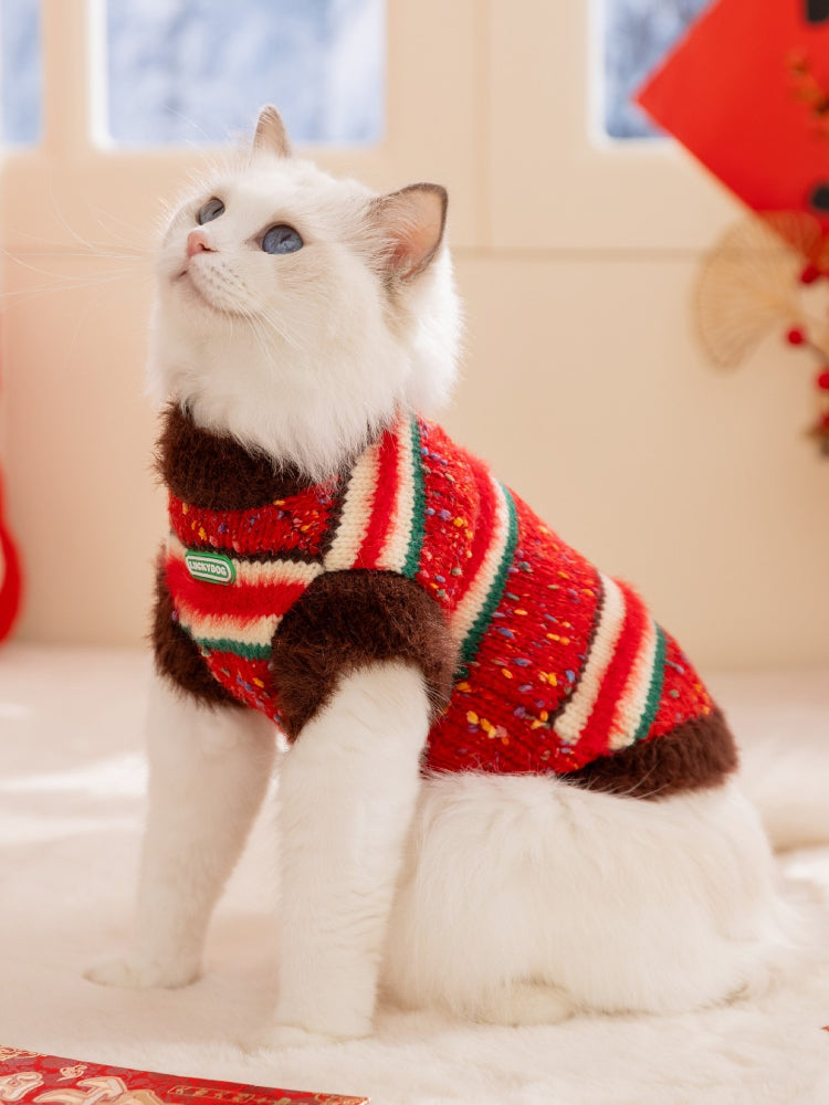 Festive Red Striped Plush Knitted Pet Sweater