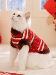 Festive Red Striped Plush Knitted Pet Sweater
