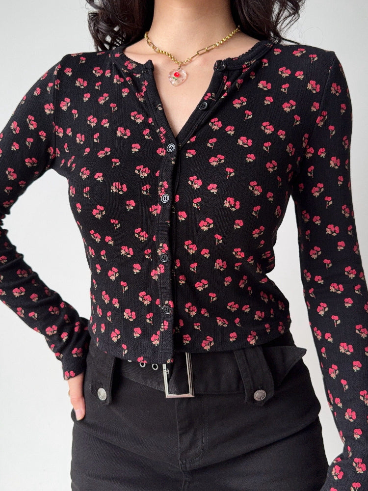 Vintage Floral Ribbed Knit Button-Up Cardigan